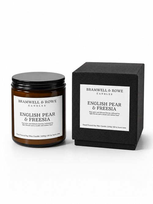 English pear and freesia hand poured soy wax candle and box