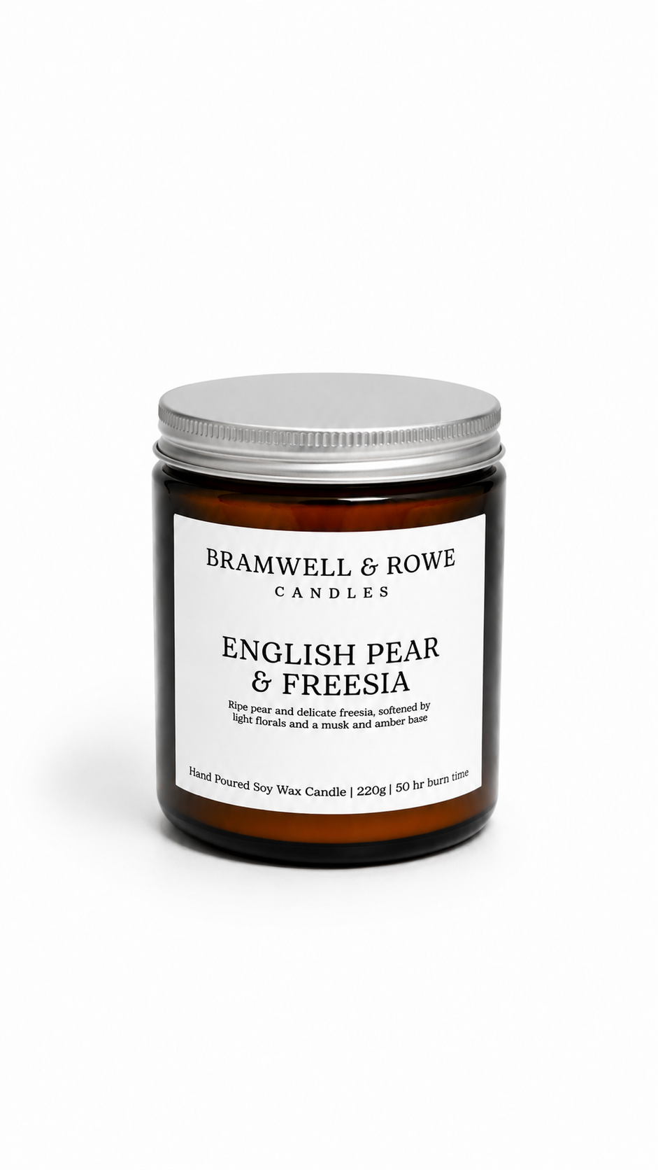 English pear and freesia hand poured soy wax candle silver lid