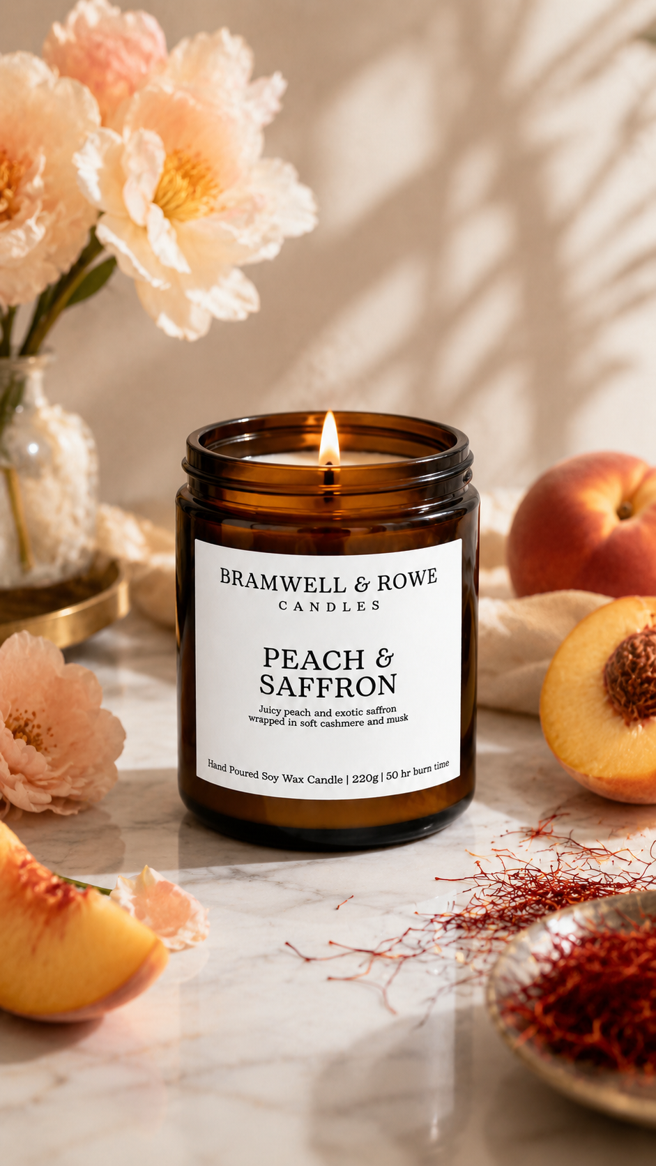 peach and saffron hand poured soy wax candle