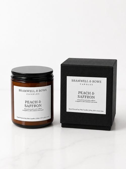 peach and saffron hand poured soy wax candle and box