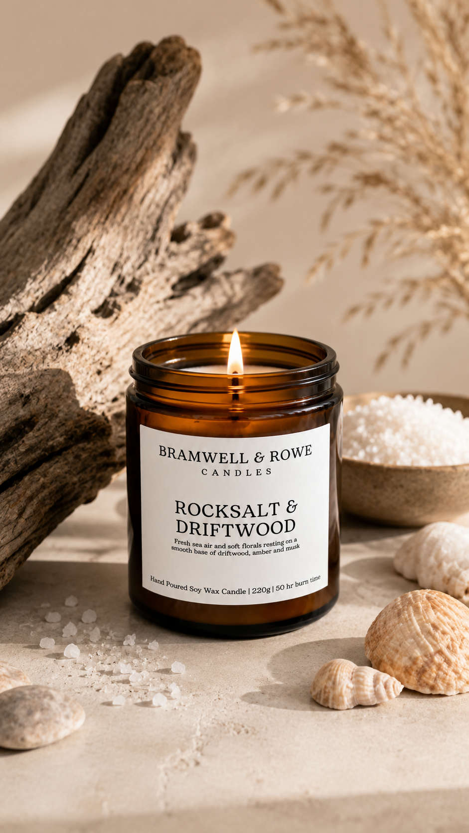 rocksalt and driftwood hand poured soy wax candle