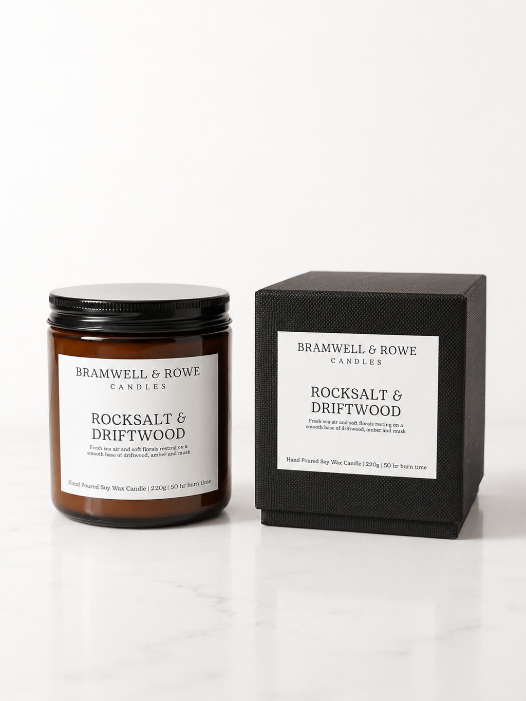 rocksalt and driftwood hand poured soy wax candle and box