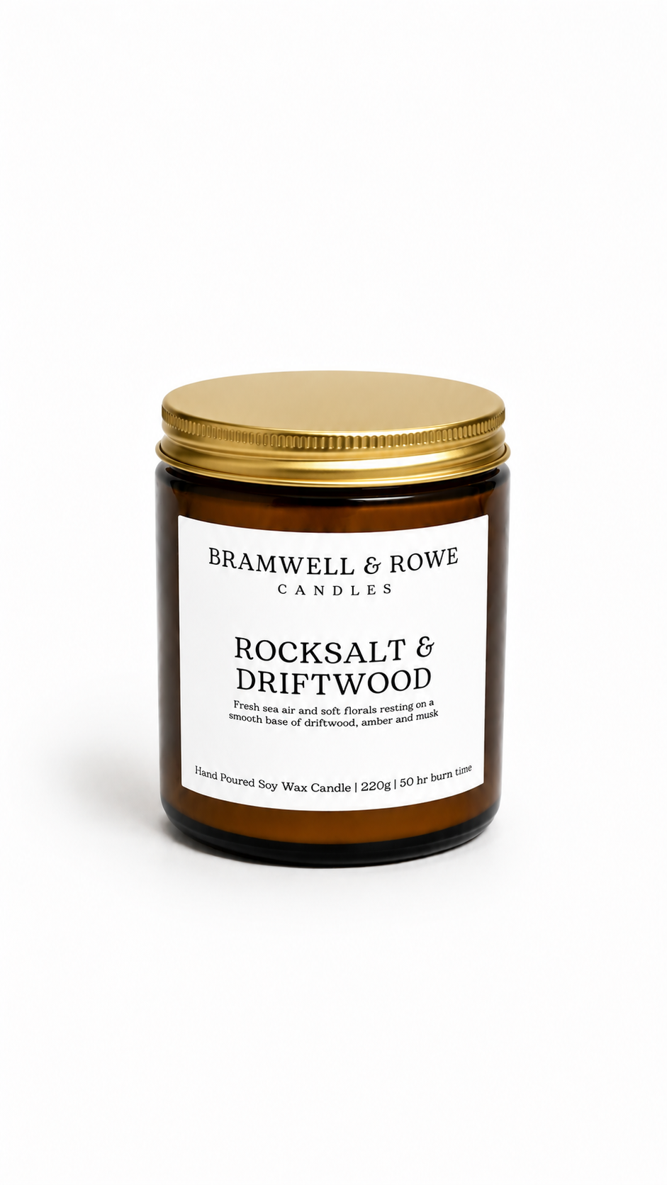 rocksalt and driftwood hand poured soy wax candle and gold lid