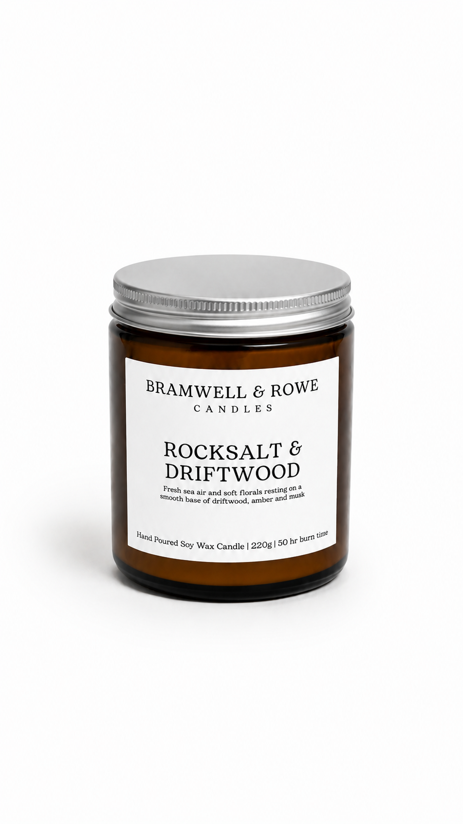 rocksalt and driftwood hand poured soy wax candle and silver lid
