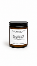 rocksalt and driftwood hand poured soy wax candle and black lid
