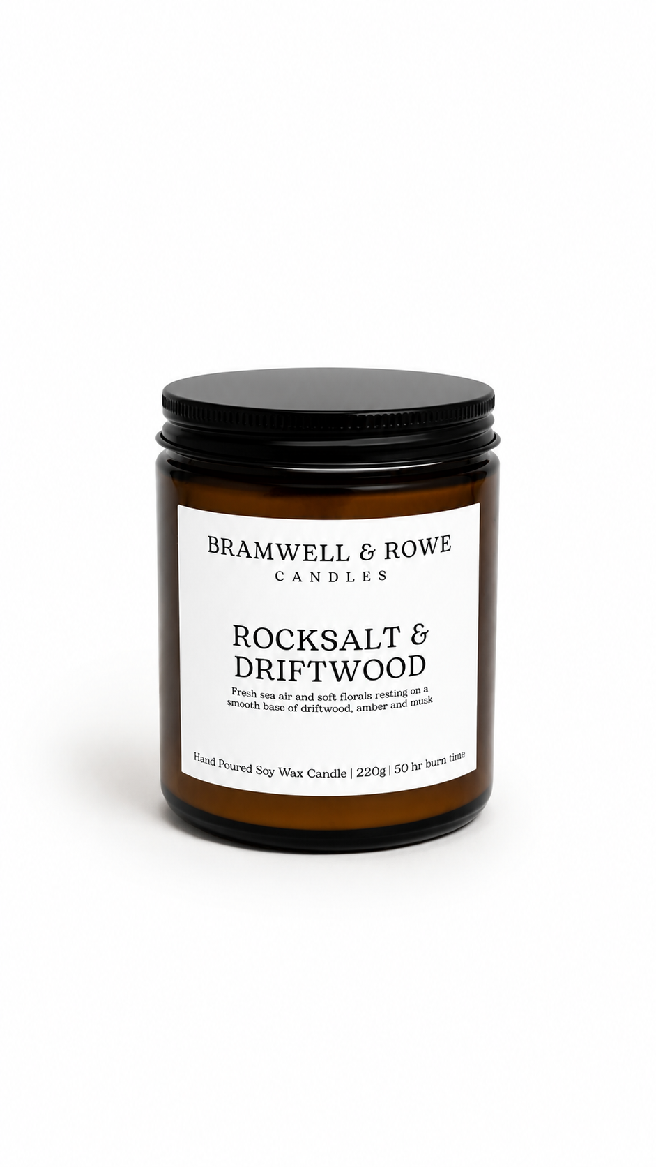 rocksalt and driftwood hand poured soy wax candle and black lid