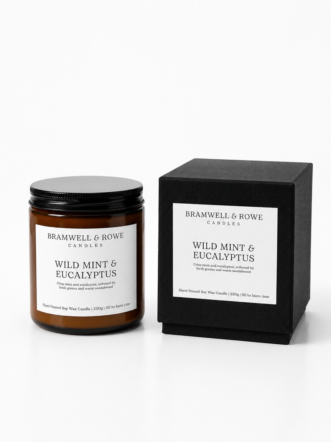 wild mint and eucalyptus hand poured soy wax candle and box